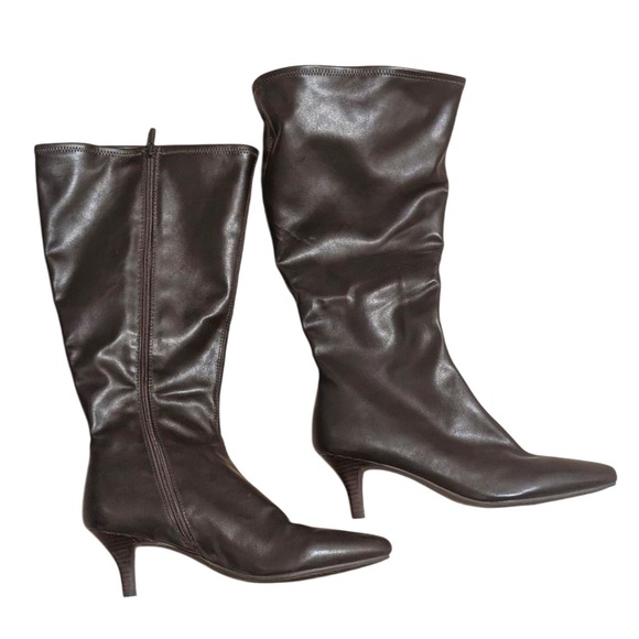 🆕 Impo 11 W Wide Calf Kitten Heel Stretch Tall Knee Boots Brown Faux Leather - Picture 1 of 8